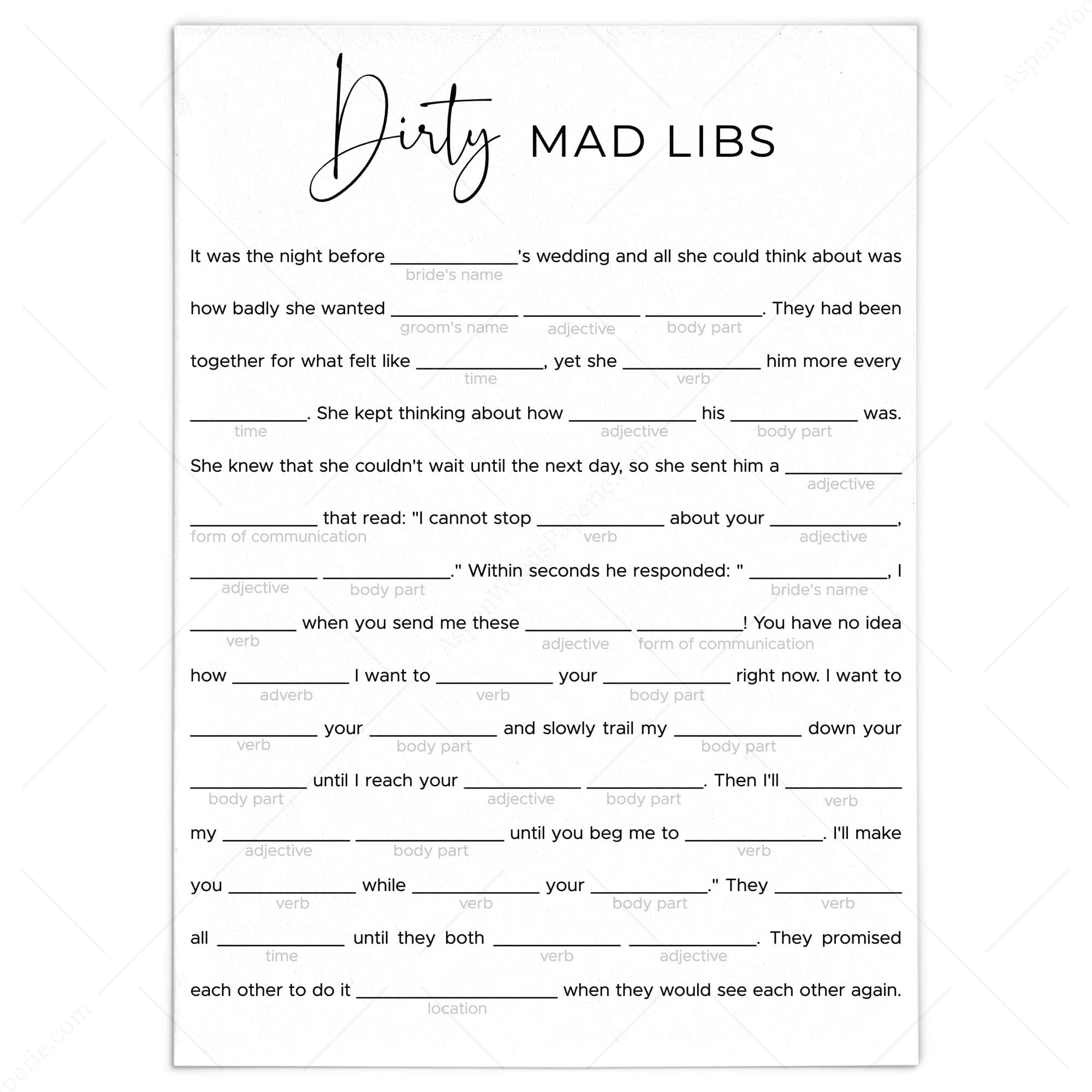 dirty mad libs bachelorette party printable